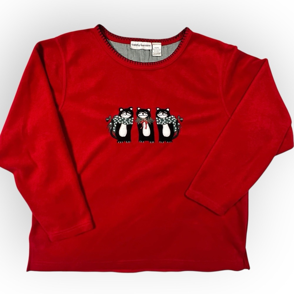 VTG Cathy Daniels Sweater Cat Kitties Scarves Red Christmas Fleece‎ XL Mistletoe